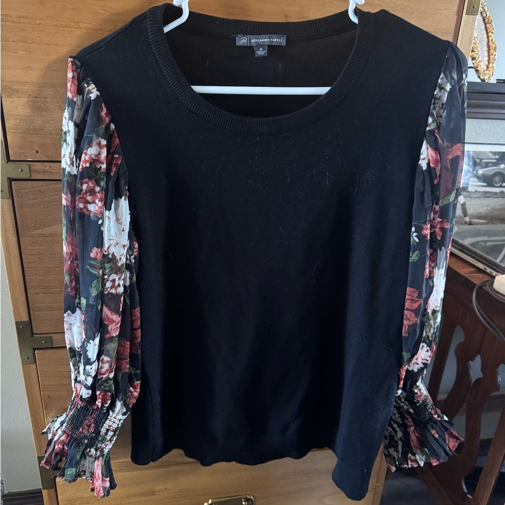 Adrianna Papell Black Top with Floral Sleeves